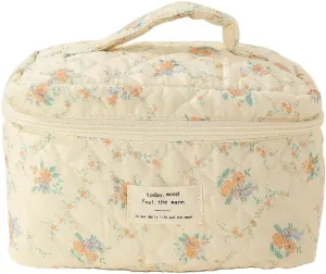 Cotton Quilted Travel Makeup Bag Women Girls Floral Graphic Coquette Large Cosmetic Toiletry Bags Cute Aesthetic Case Organizer Kits (Large05#Floral)