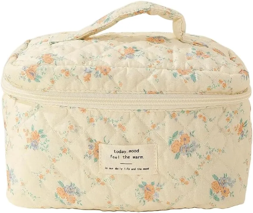 Cotton Quilted Travel Makeup Bag Women Girls Floral Graphic Coquette Large Cosmetic Toiletry Bags Cute Aesthetic Case Organizer Kits (Large05#Floral)