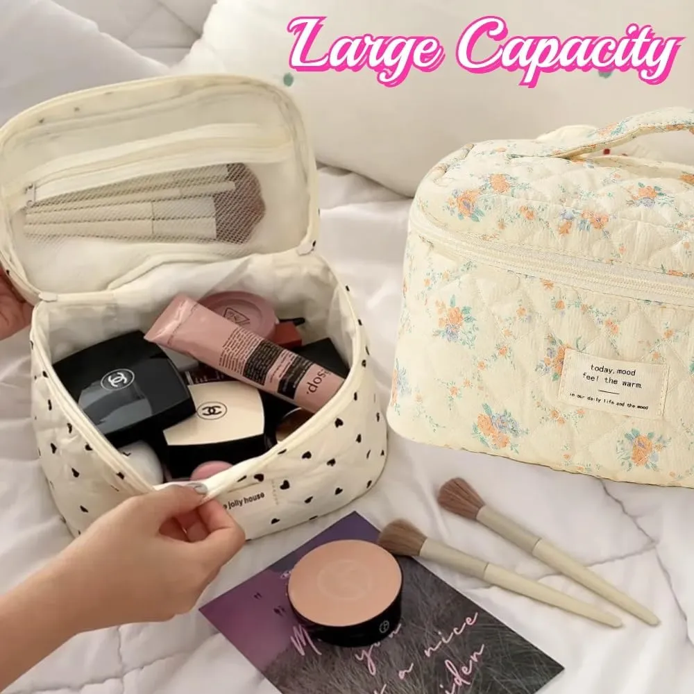 Cotton Quilted Travel Makeup Bag Women Girls Floral Graphic Coquette Large Cosmetic Toiletry Bags Cute Aesthetic Case Organizer Kits (Large05#Floral)