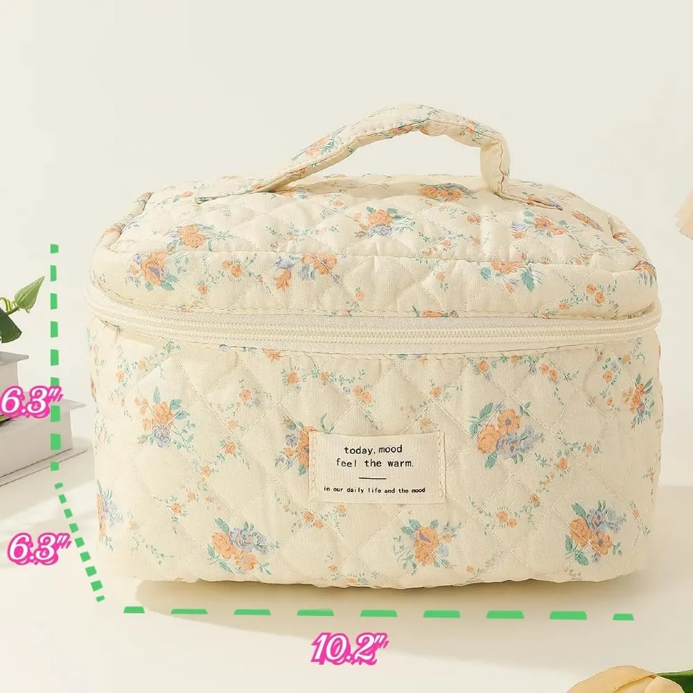 Cotton Quilted Travel Makeup Bag Women Girls Floral Graphic Coquette Large Cosmetic Toiletry Bags Cute Aesthetic Case Organizer Kits (Large05#Floral)
