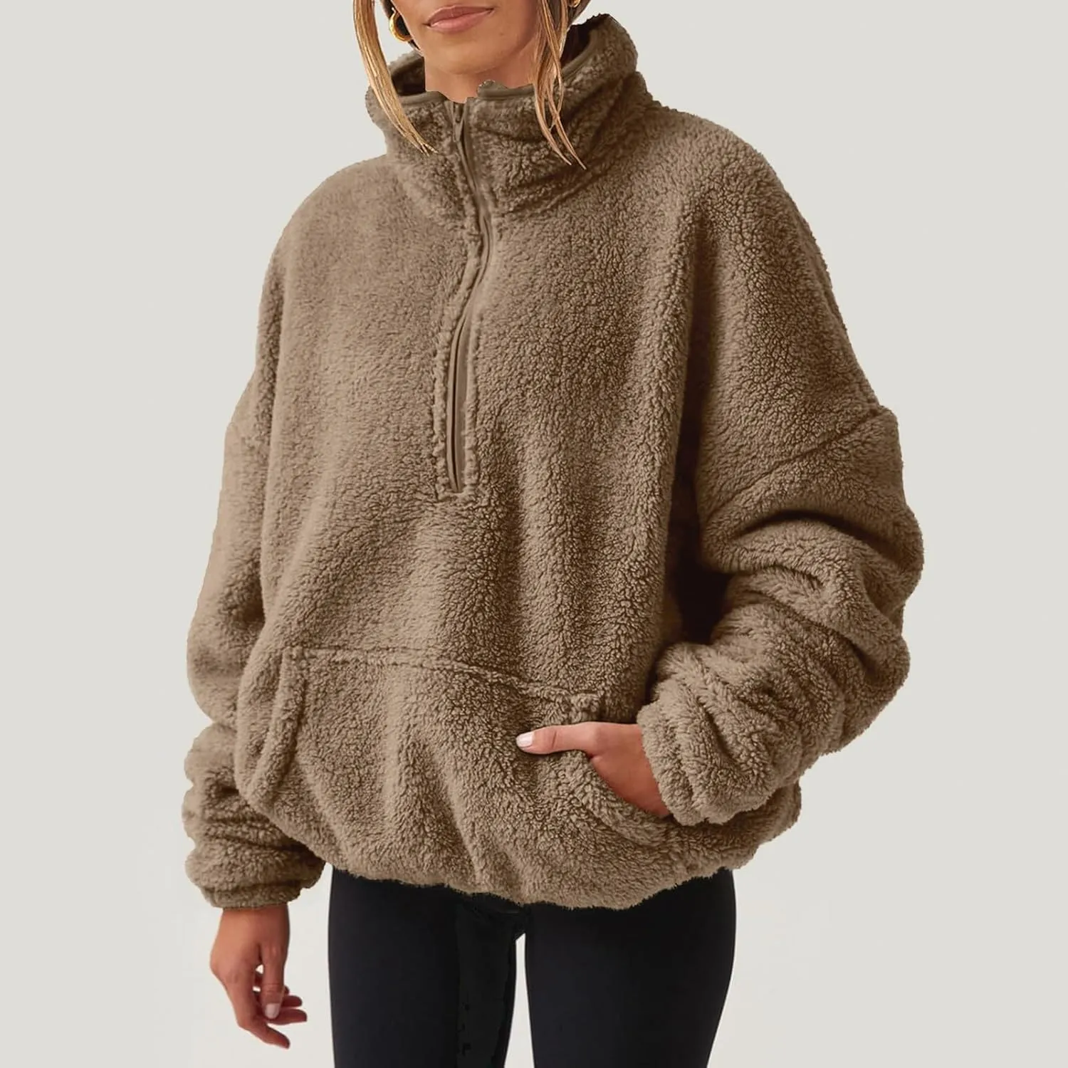 Cropped Half Zip Pullover Women Comfy Warm Sherpa Fleece Sweatshirt No Hood Quarter Zip Sweater with Pockets