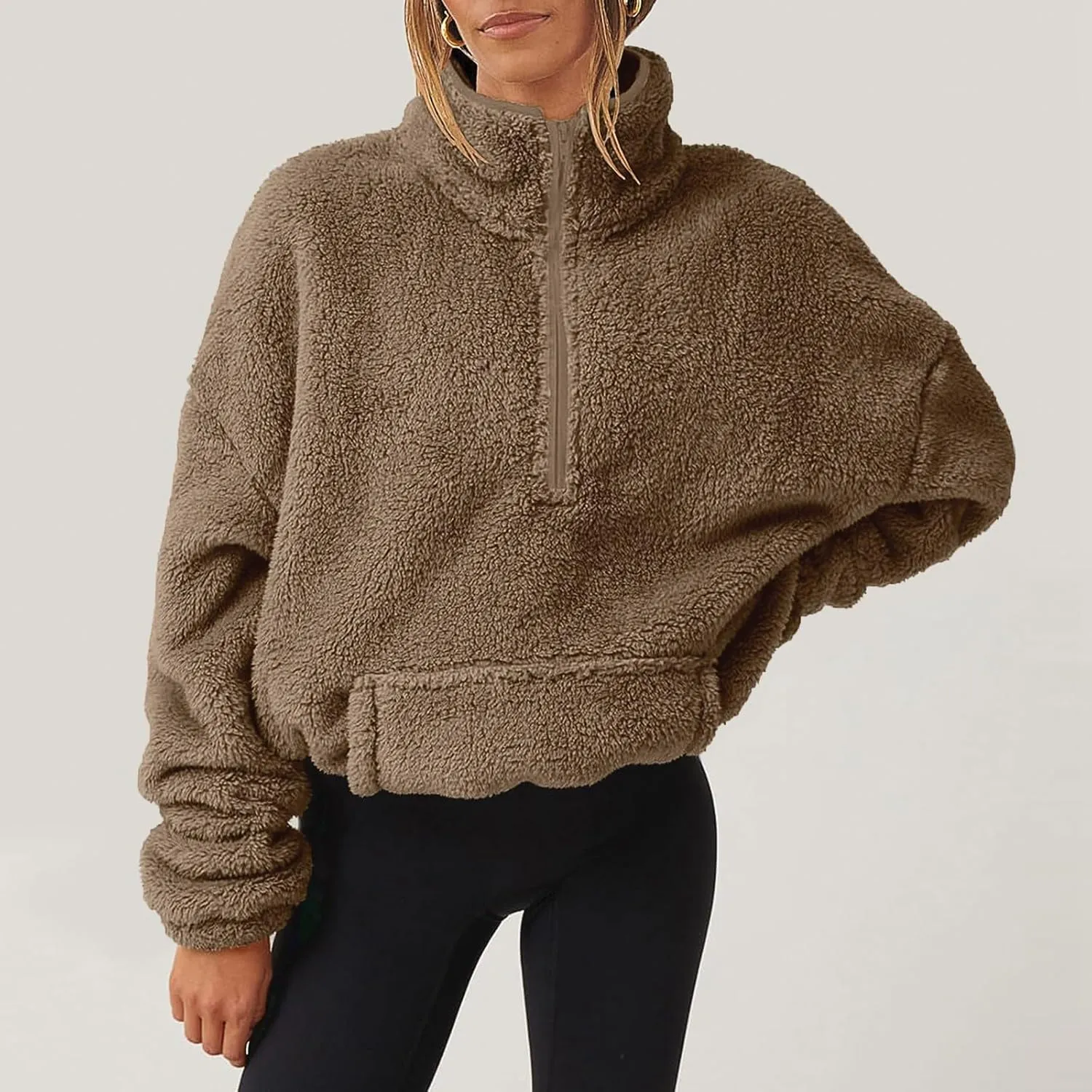 Cropped Half Zip Pullover Women Comfy Warm Sherpa Fleece Sweatshirt No Hood Quarter Zip Sweater with Pockets