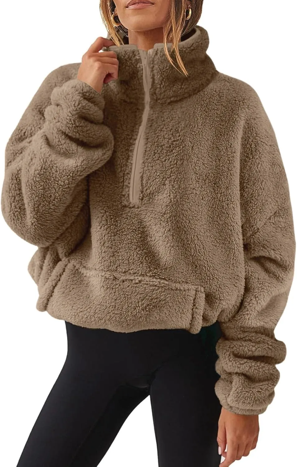Cropped Half Zip Pullover Women Comfy Warm Sherpa Fleece Sweatshirt No Hood Quarter Zip Sweater with Pockets