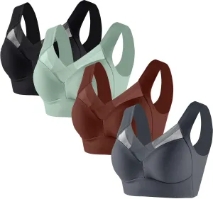 Ctreela 4 Pack Sports Bras for Women, Seamless Comfortable Yoga Bra with Mesh Breathable Multicolor Support Bra Value Pack