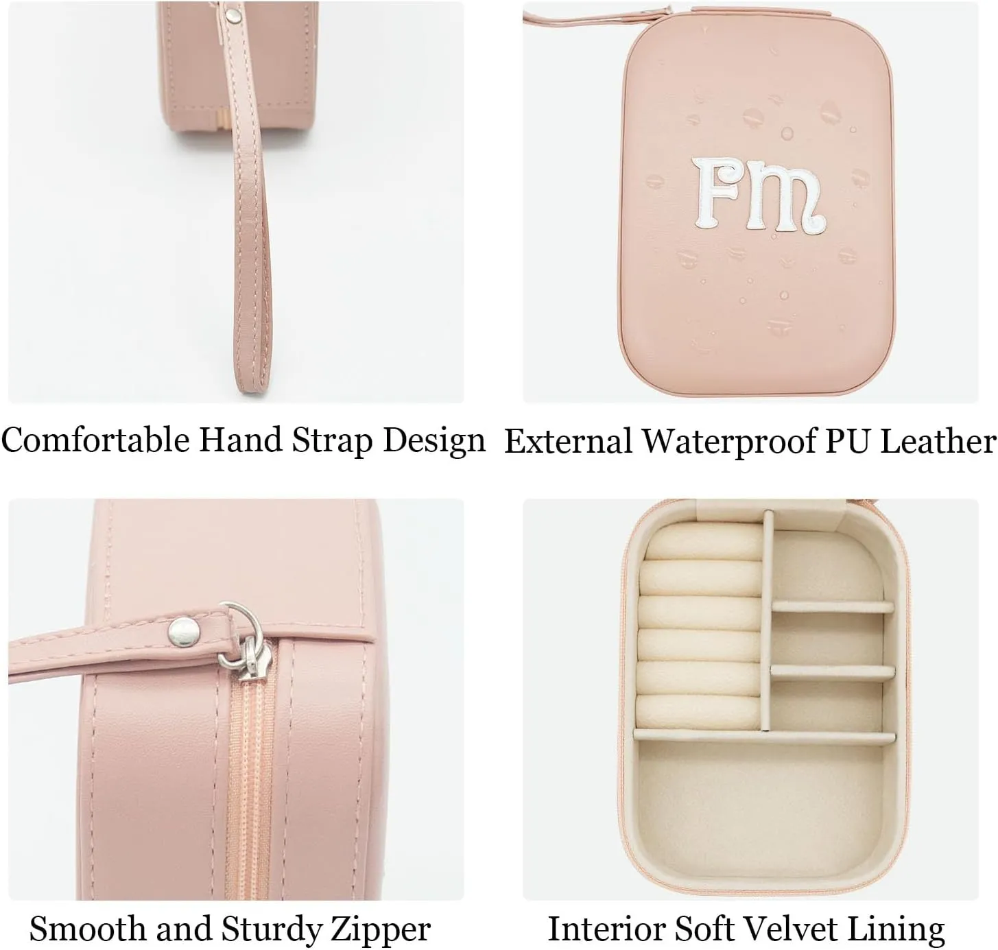 Cuifdem-Jewelry Travel Case with Hand Strap and Monogram, Small Jewelry Box PU Leather with Mirror, Travel Jewelry Box for Women Girls, Jewelry Organizer Personalized Gifts (charming dirty pink, FW)