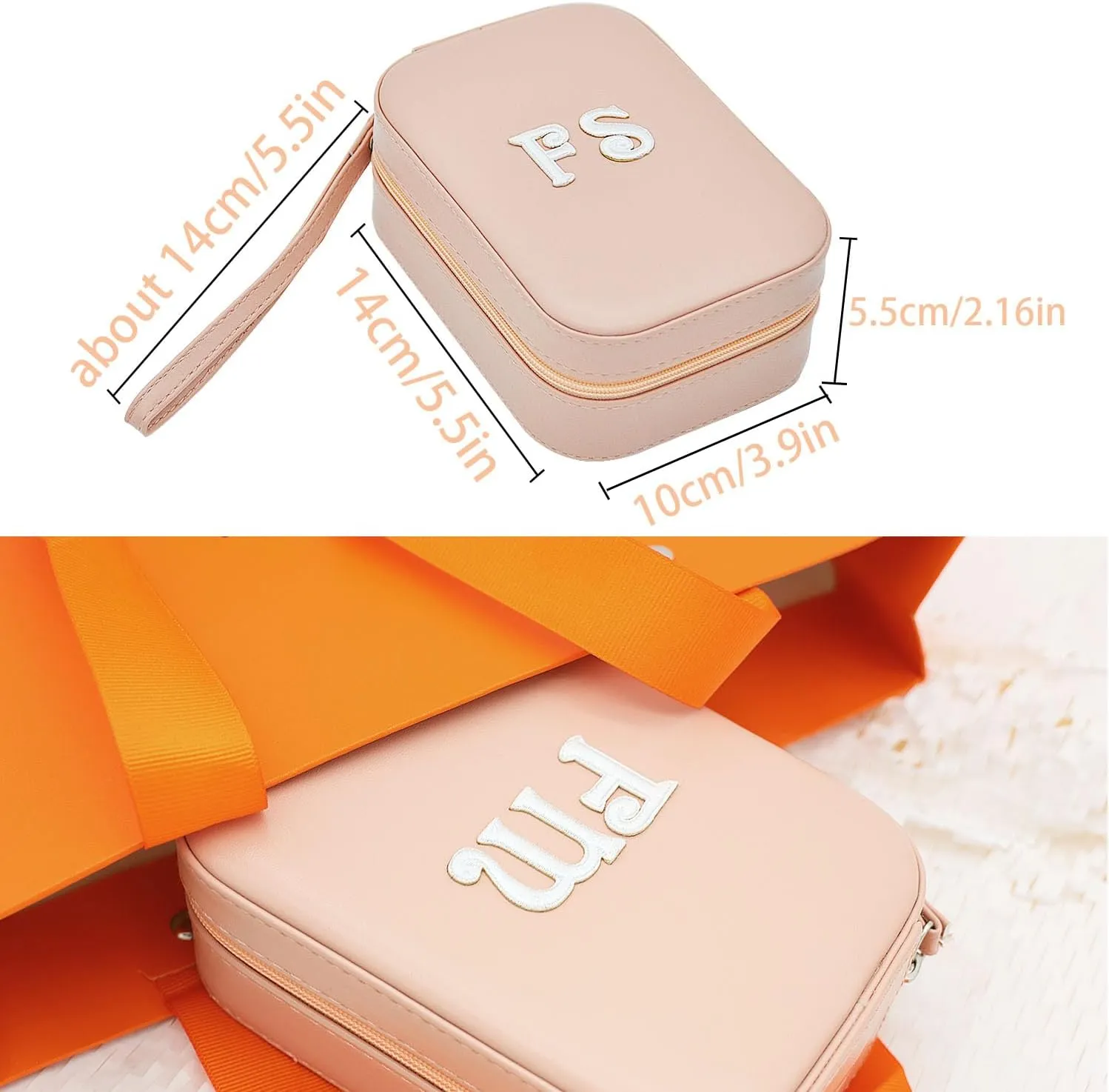Cuifdem-Jewelry Travel Case with Hand Strap and Monogram, Small Jewelry Box PU Leather with Mirror, Travel Jewelry Box for Women Girls, Jewelry Organizer Personalized Gifts (charming dirty pink, FW)