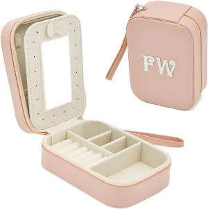 Cuifdem-Jewelry Travel Case with Hand Strap and Monogram, Small Jewelry Box PU Leather with Mirror, Travel Jewelry Box for Women Girls, Jewelry Organizer Personalized Gifts (charming dirty pink, FW)