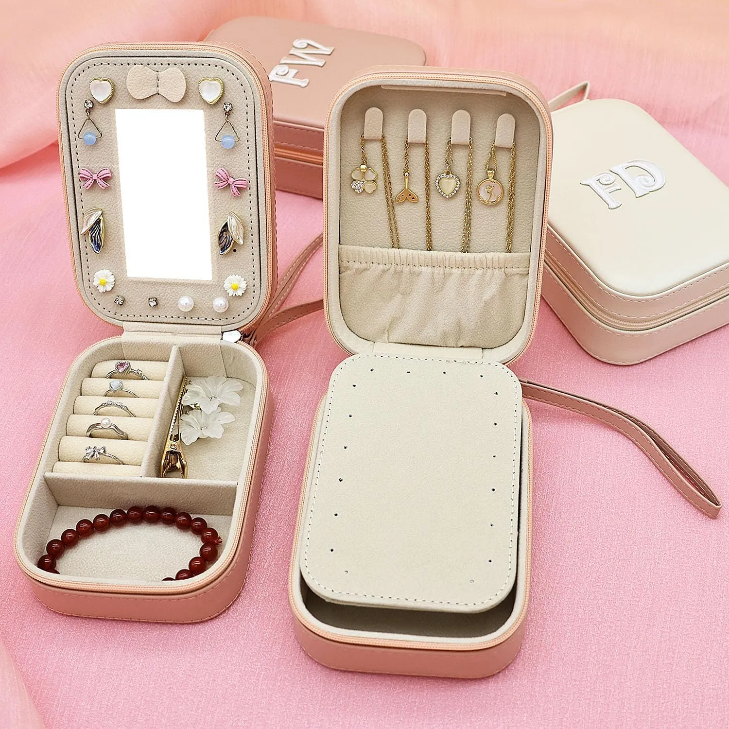Cuifdem-Jewelry Travel Case with Hand Strap and Monogram, Small Jewelry Box PU Leather with Mirror, Travel Jewelry Box for Women Girls, Jewelry Organizer Personalized Gifts (charming dirty pink, FW)