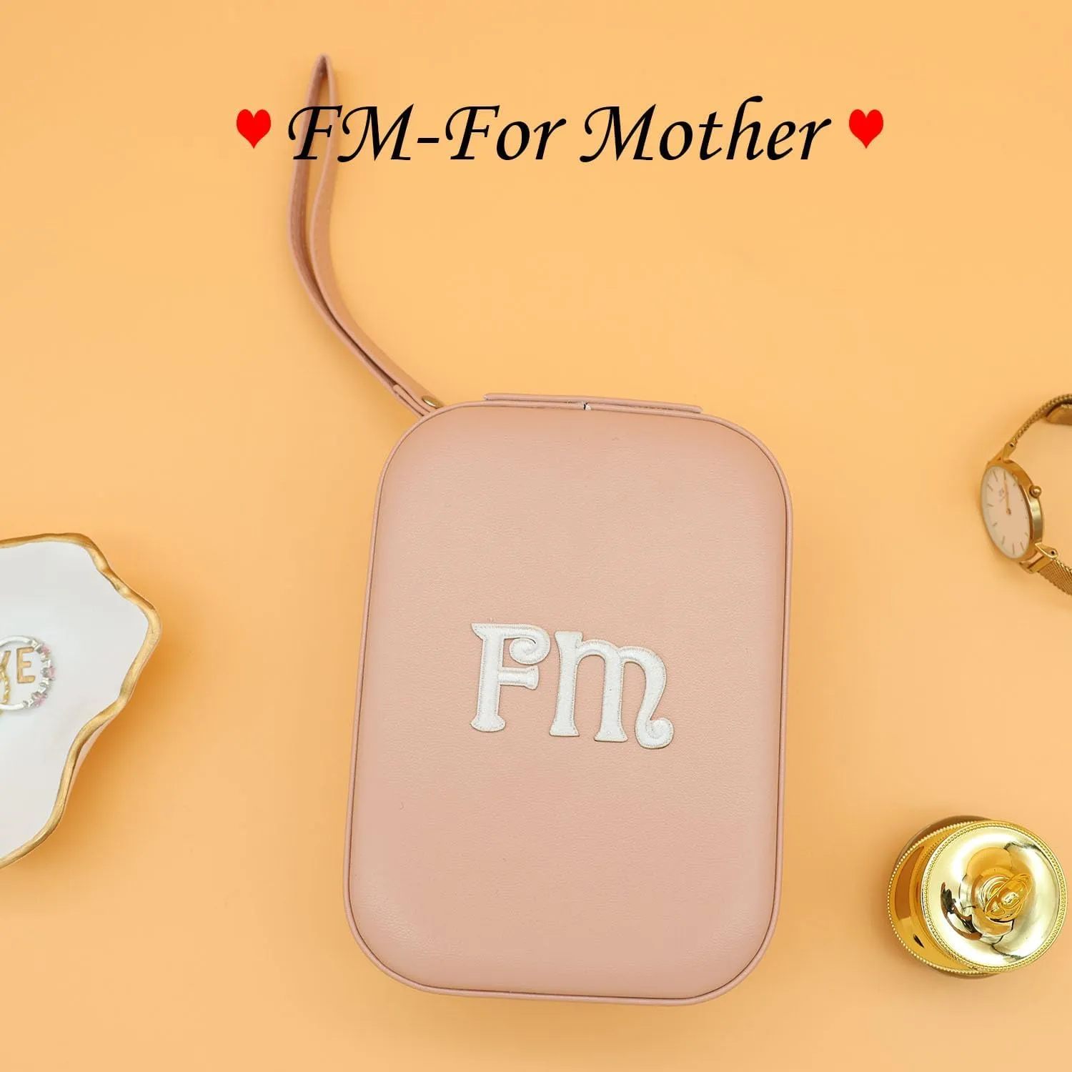 Cuifdem-Jewelry Travel Case with Hand Strap and Monogram, Small Jewelry Box PU Leather with Mirror, Travel Jewelry Box for Women Girls, Jewelry Organizer Personalized Gifts (charming dirty pink, FW)