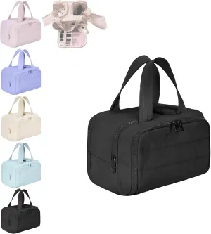Cureaway Cosmetic Bag, Cureaway Travel Cosmetic Bag, Large Capacity Wide-Open Makeup Bags, Waterproof Portable Pouch Open Flat Toiletry Bags for Women with Divider and Handle (Black)