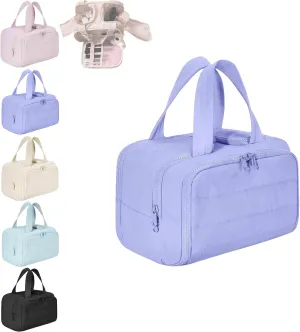 Cureaway Cosmetic Bag, Cureaway Travel Cosmetic Bag, Large Capacity Wide-Open Makeup Bags, Waterproof Portable Pouch Open Flat Toiletry Bags for Women with Divider and Handle (Purple)