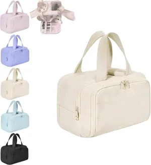 Cureaway Cosmetic Bag, Cureaway Travel Cosmetic Bag, Large Capacity Wide-Open Makeup Bags, Waterproof Portable Pouch Open Flat Toiletry Bags for Women with Divider and Handle (White)