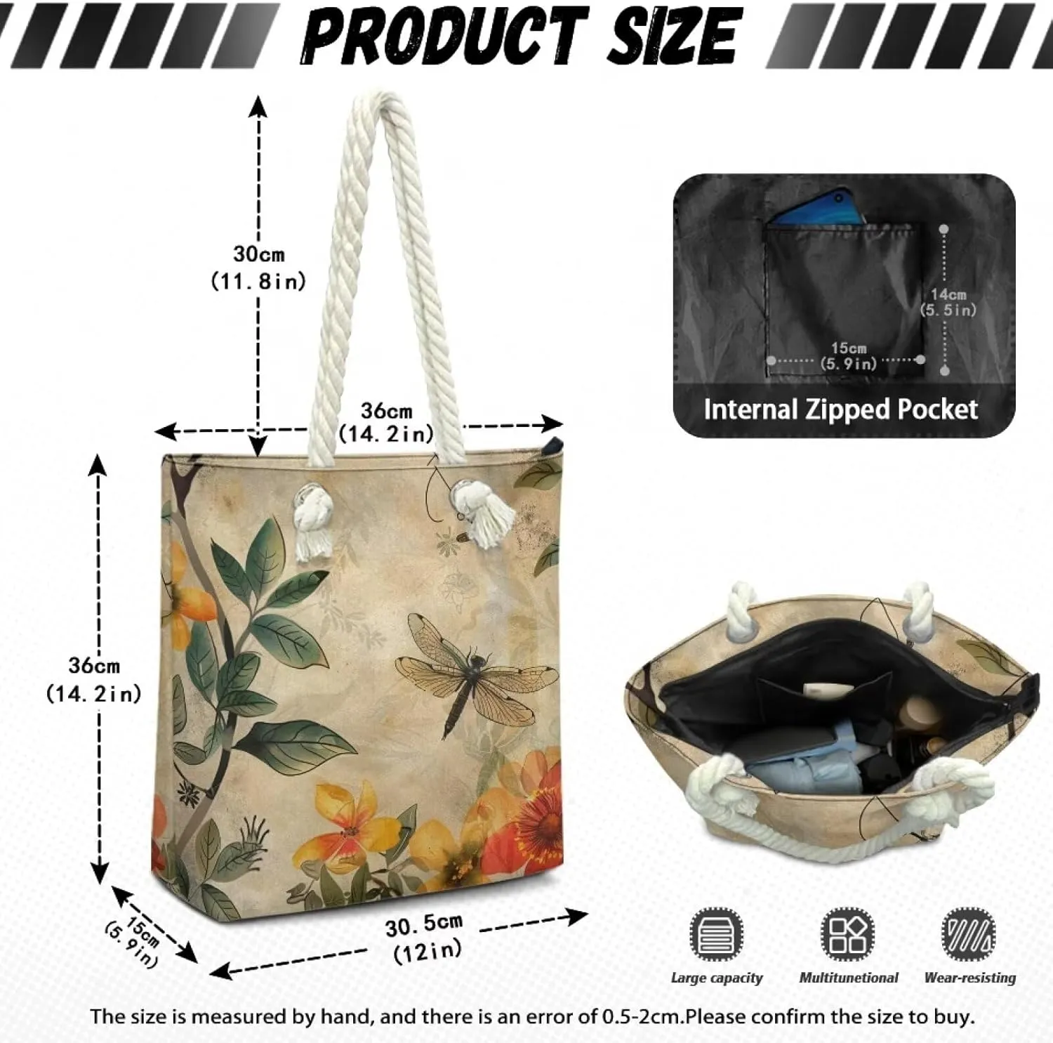 Custom Tote Bag for Women Zipper Cloth Cotton Bags for Travel Casual Satchel Totes