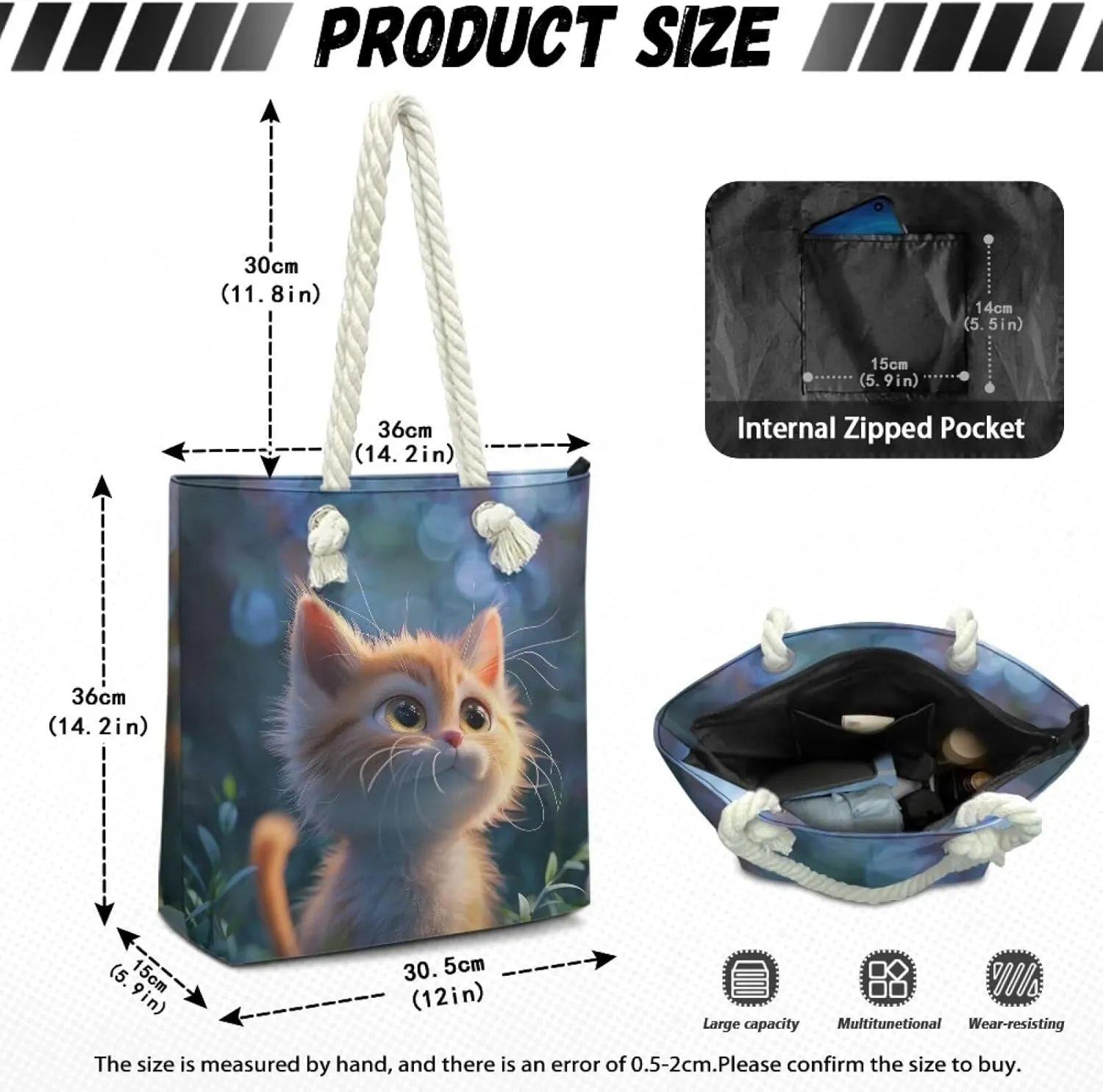 Custom Tote Bag for Women Zipper Cloth Cotton Bags for Travel Casual Satchel Totes