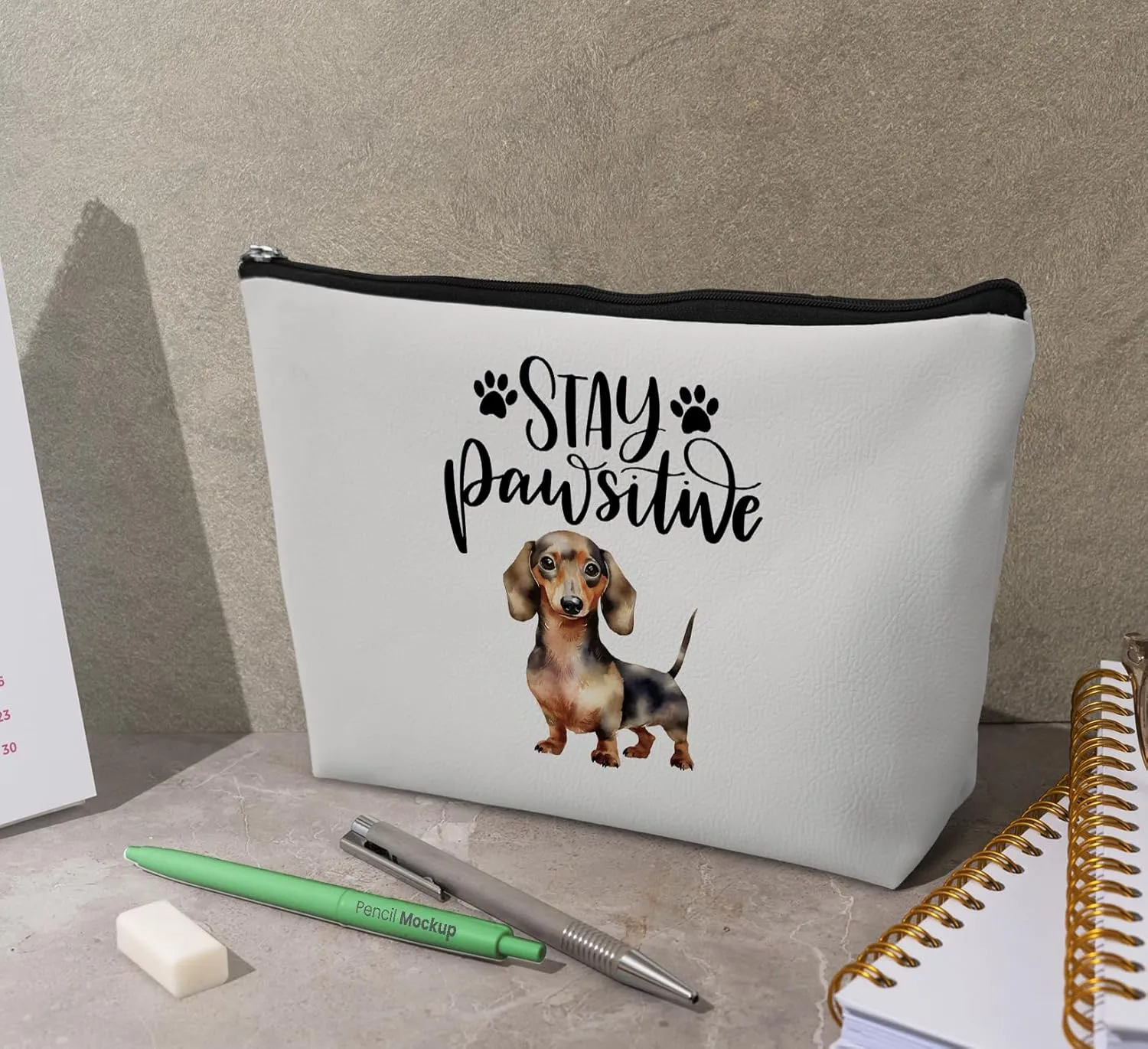 Cute Dachshund Makeup Bag,Wiener Dog Leather Small Zipper Pouch for Purse,Travel Organizer Pouch Small Makeup Bag for Purse,Stay Paw Sitive