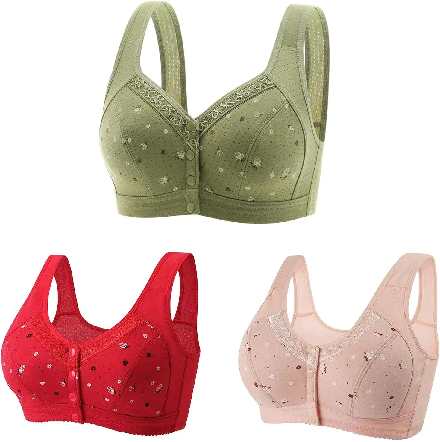 Daisy Bras for Older Women 3 Pack Push up No Underwire Wireless Full Coverage Lace Bra Front Closure Everyday Bras