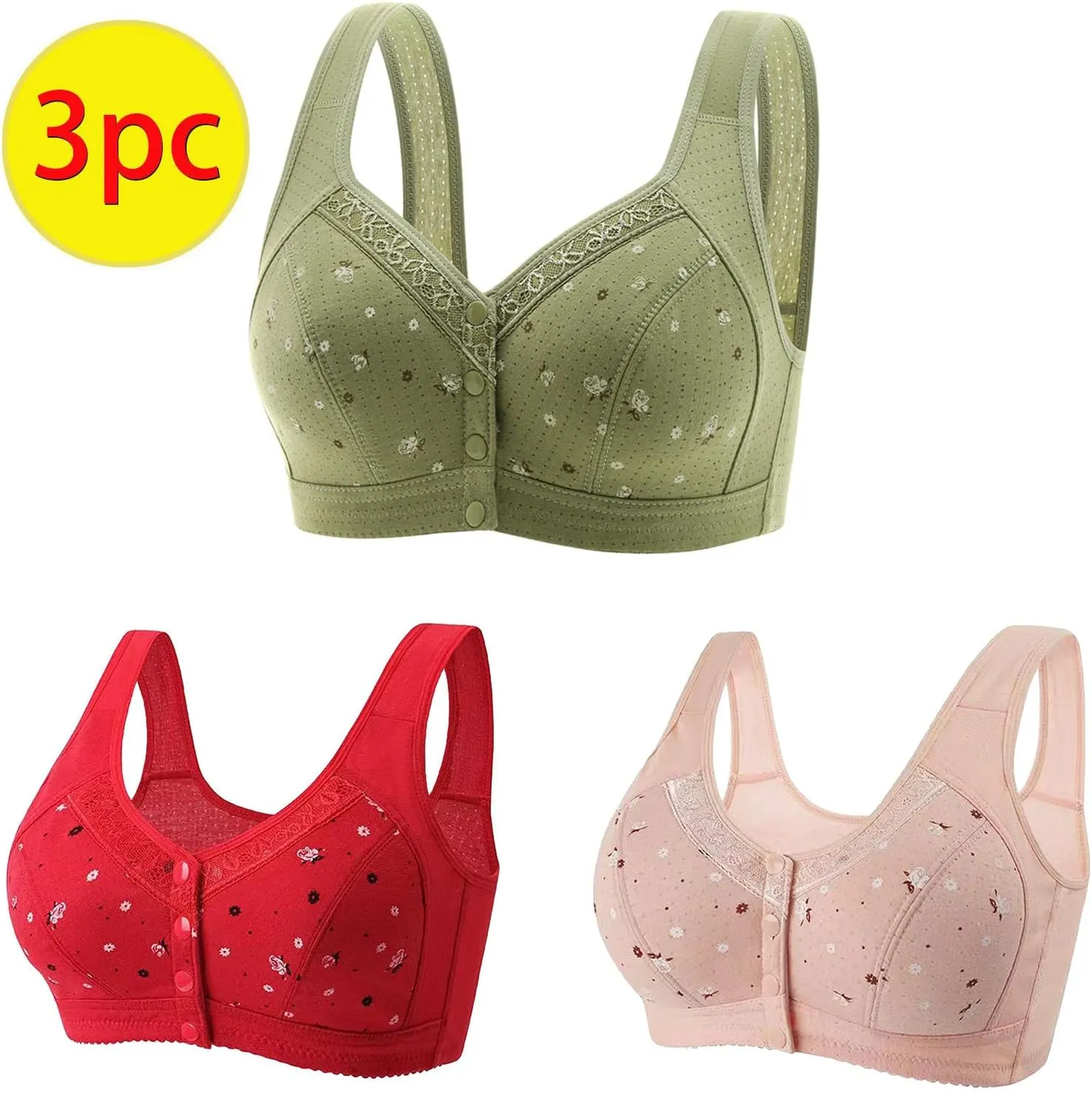 Daisy Bras for Older Women 3 Pack Push up No Underwire Wireless Full Coverage Lace Bra Front Closure Everyday Bras