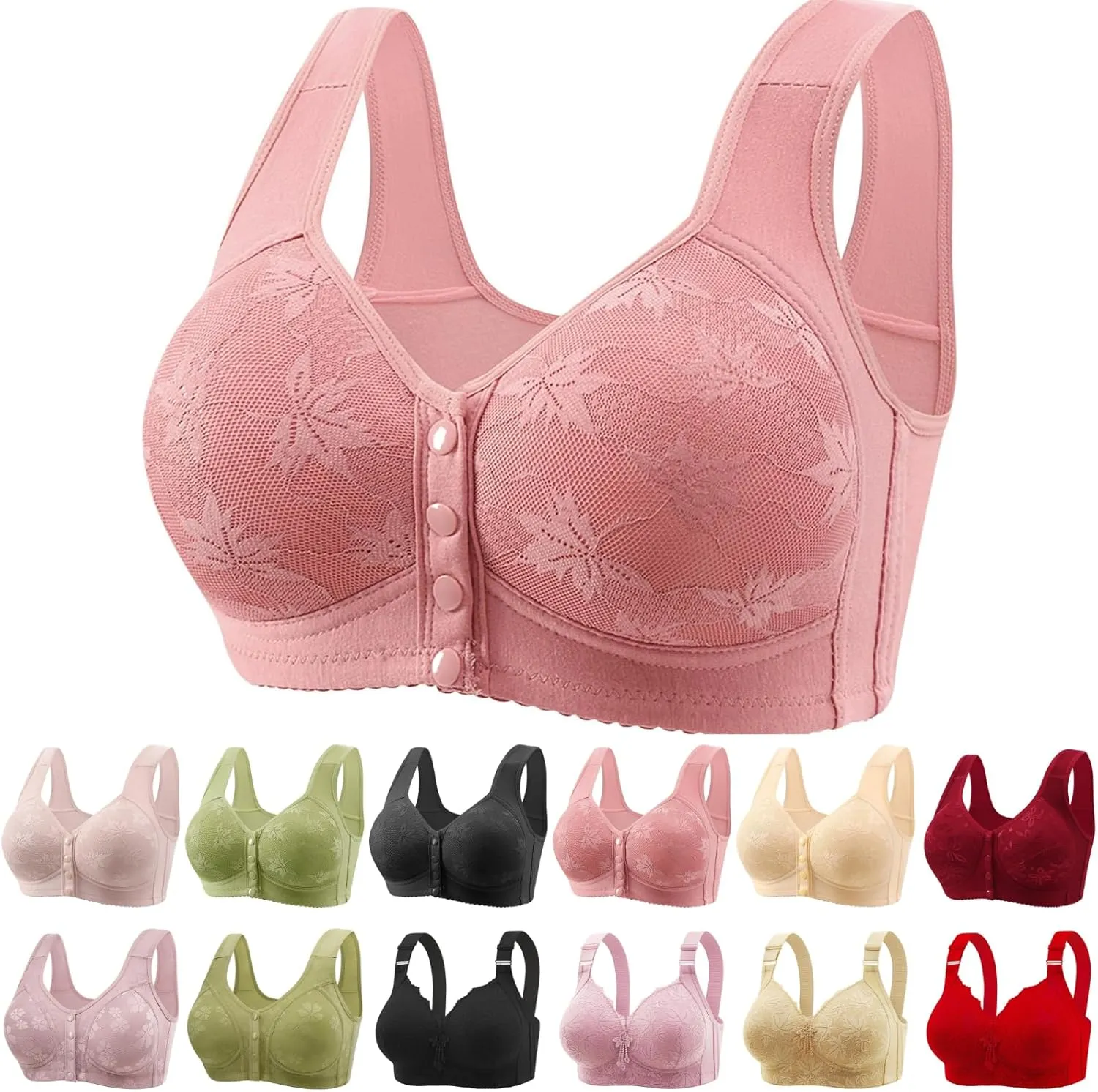 Daisy Bras for Older Women Front Closure Bras for Women Plus Size Push Up Cotton Bra No Underwire for Seniors Pink Best Bra for Older Womens 3X-Large