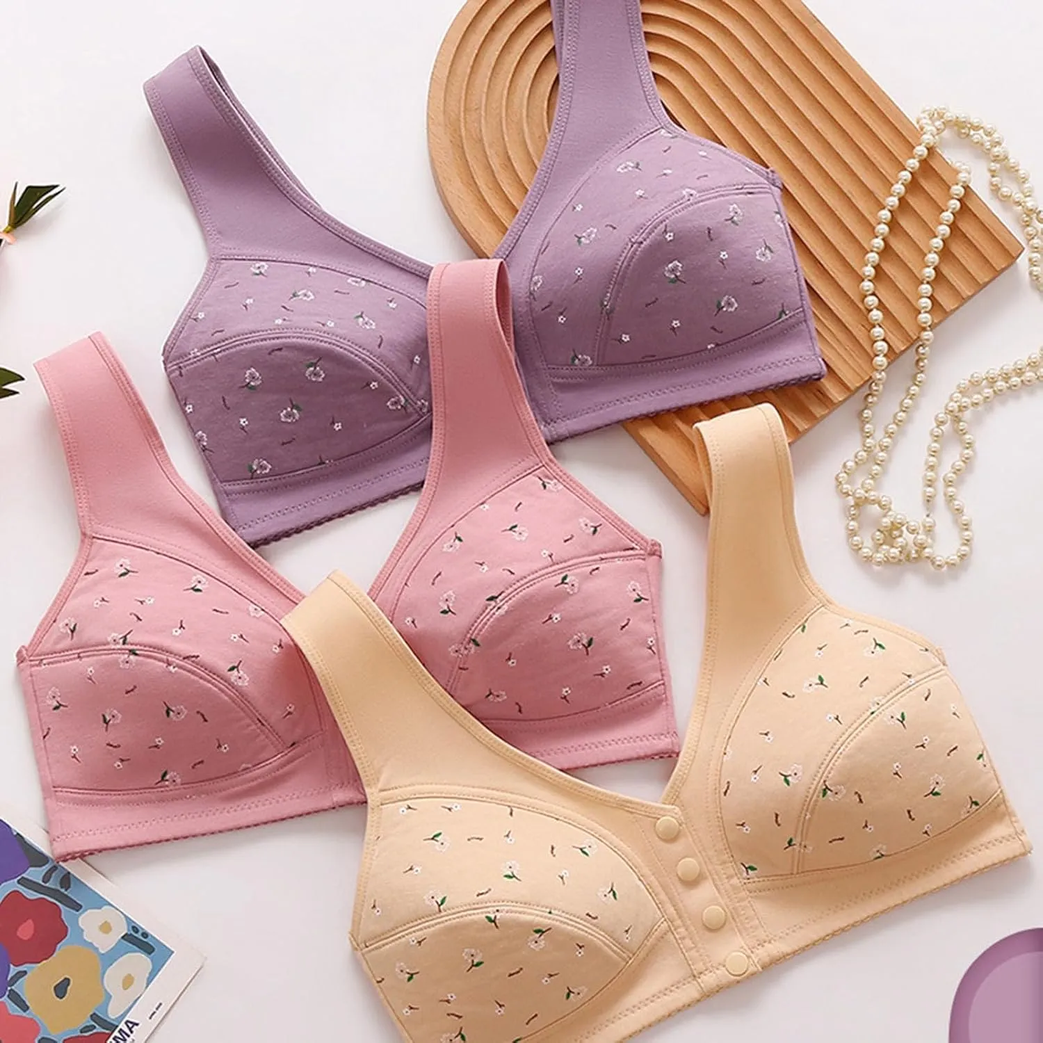 Daisy Bras for Older Women Front Closure, Seamless Wireless Bra for Senior No Underwire 2025 Breathable Bras with Snap