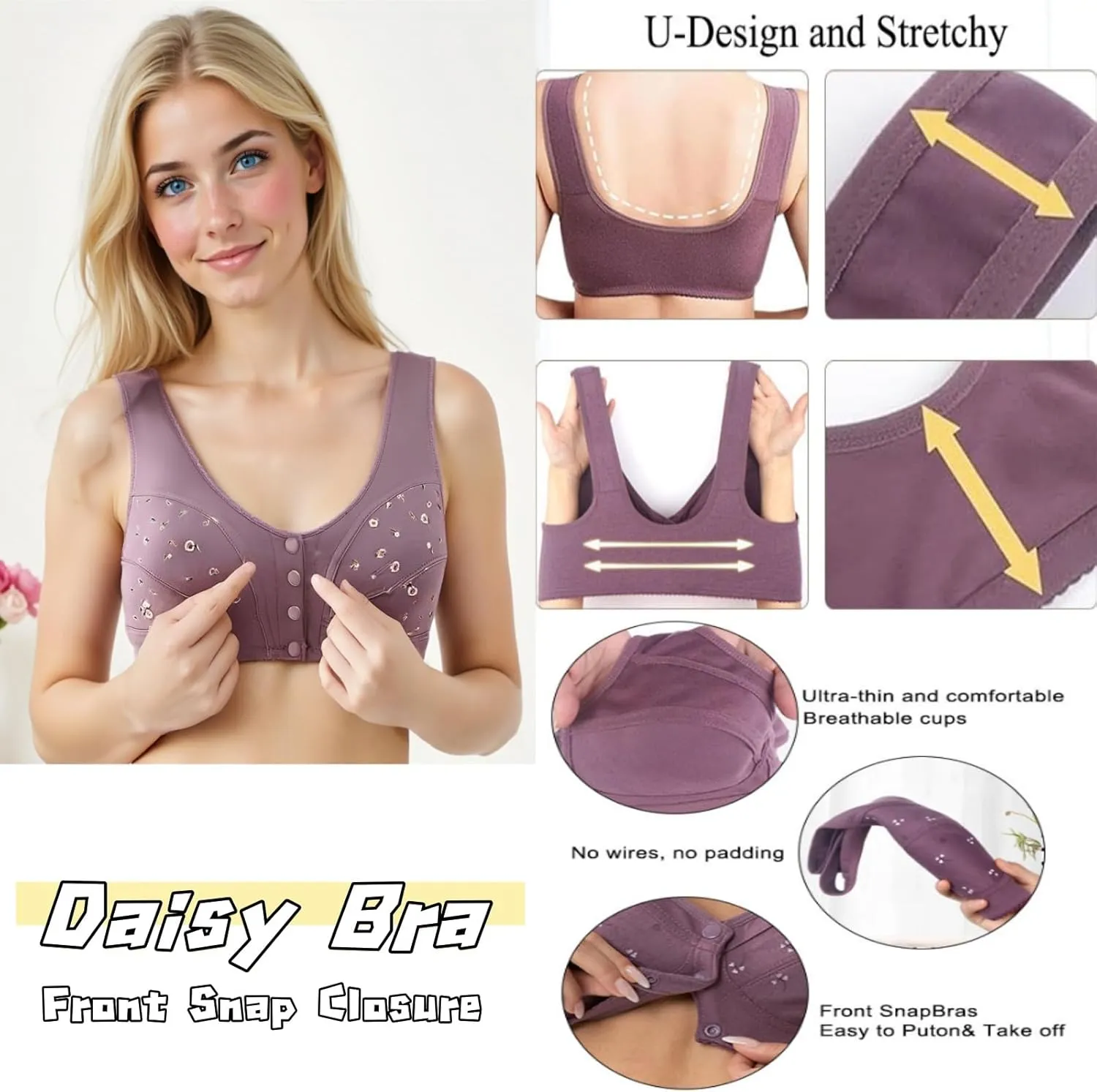 Daisy Bras for Older Women Front Closure, Seamless Wireless Bra for Senior No Underwire 2025 Breathable Bras with Snap