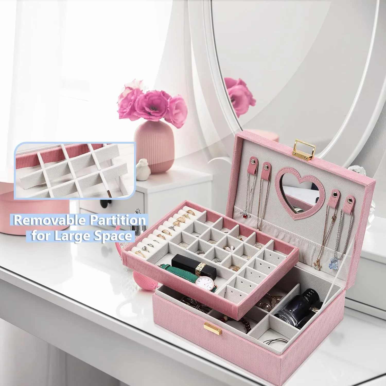 Dajasan Jewelry Boxes for Women Girls, Jewelry Organizer Box, 2-Layer Large Velvet Jewelry Organizer for Rings Necklaces Bracelets Watch EarringPink