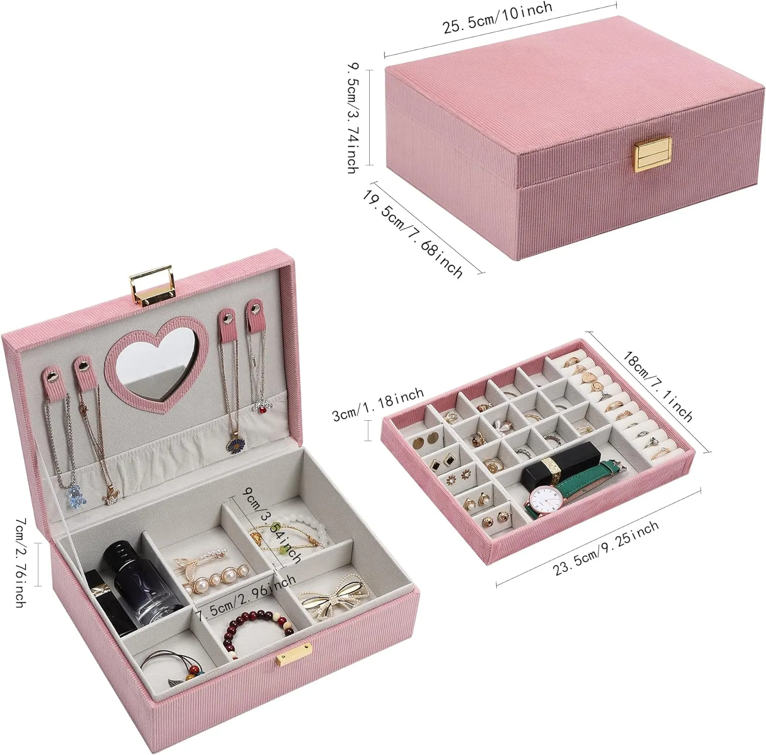 Dajasan Jewelry Boxes for Women Girls, Jewelry Organizer Box, 2-Layer Large Velvet Jewelry Organizer for Rings Necklaces Bracelets Watch EarringPink