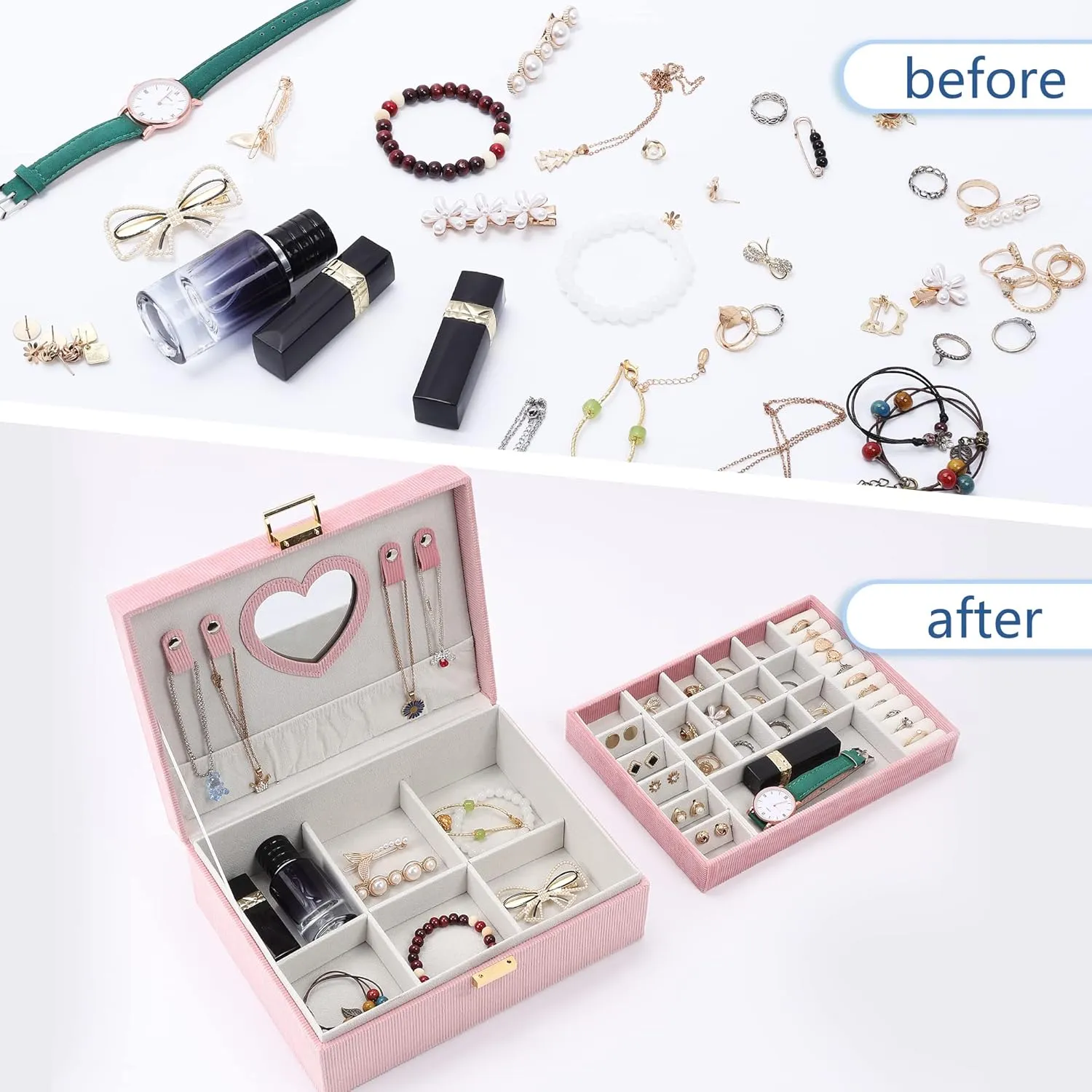 Dajasan Jewelry Boxes for Women Girls, Jewelry Organizer Box, 2-Layer Large Velvet Jewelry Organizer for Rings Necklaces Bracelets Watch EarringPink