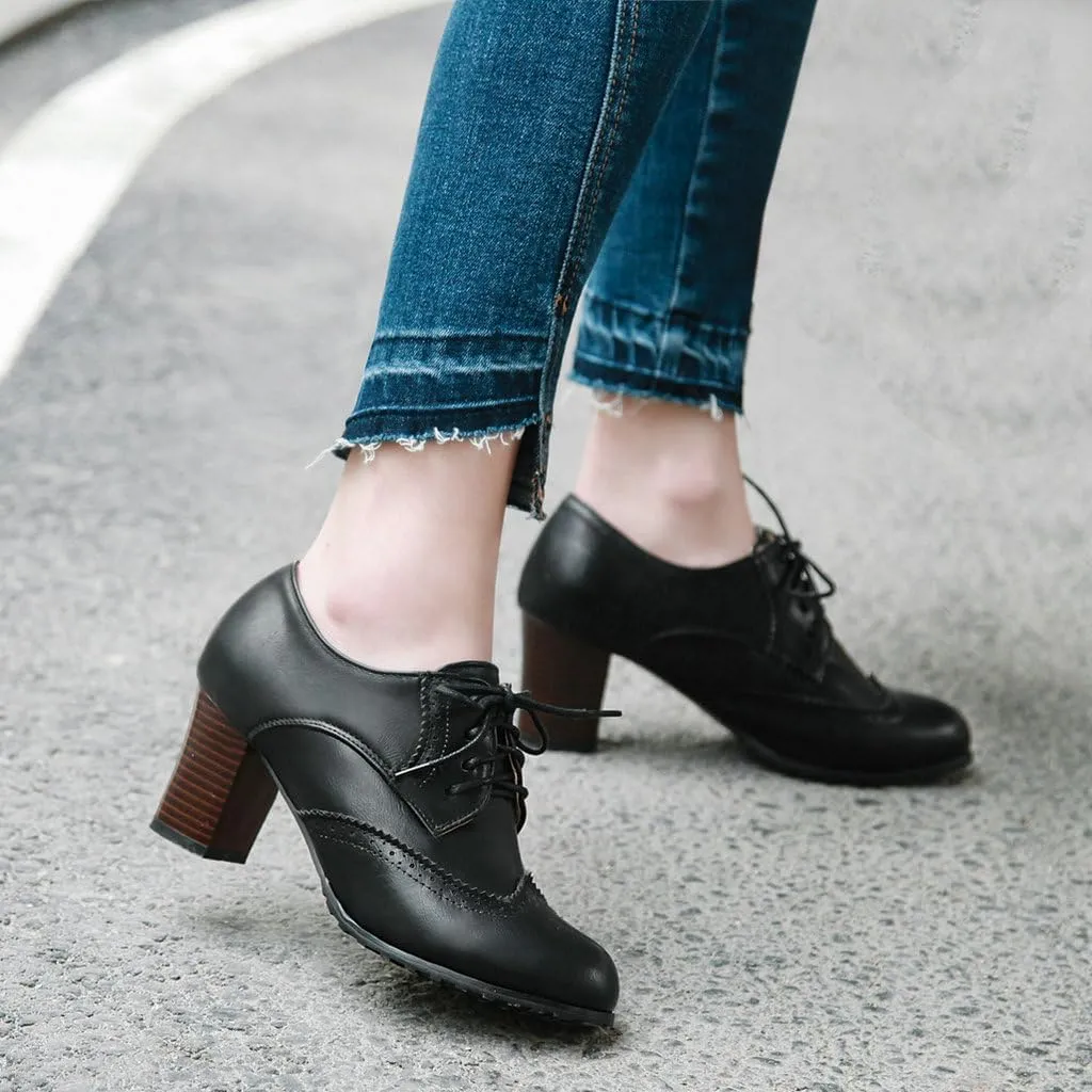 DINTAHA Wingtip Lace Up Oxford Heels for Women,Vintage Chunky Heels Brogue Dress Shoes