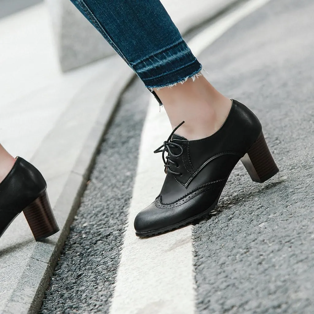 DINTAHA Wingtip Lace Up Oxford Heels for Women,Vintage Chunky Heels Brogue Dress Shoes