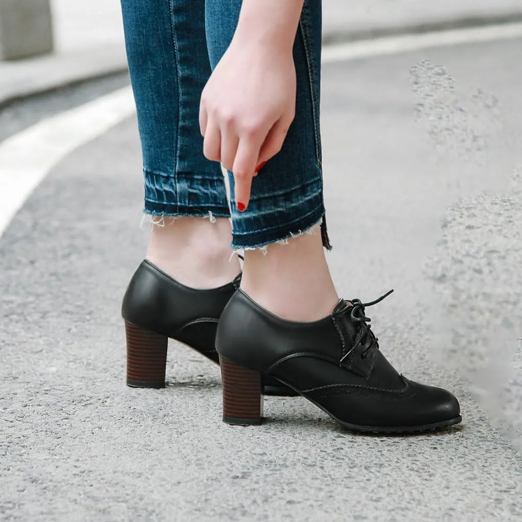 DINTAHA Wingtip Lace Up Oxford Heels for Women,Vintage Chunky Heels Brogue Dress Shoes