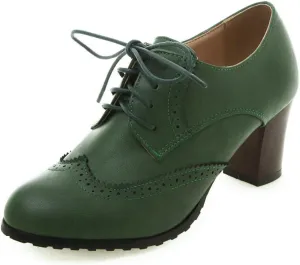 DINTAHA Wingtip Lace Up Oxford Heels for Women,Vintage Chunky Heels Brogue Dress Shoes