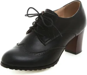 DINTAHA Wingtip Lace Up Oxford Heels for Women,Vintage Chunky Heels Brogue Dress Shoes