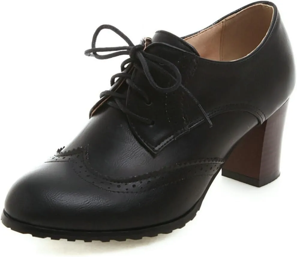 DINTAHA Wingtip Lace Up Oxford Heels for Women,Vintage Chunky Heels Brogue Dress Shoes