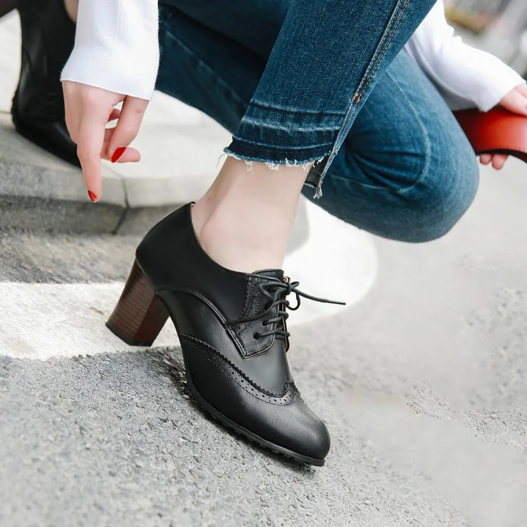 DINTAHA Wingtip Lace Up Oxford Heels for Women,Vintage Chunky Heels Brogue Dress Shoes