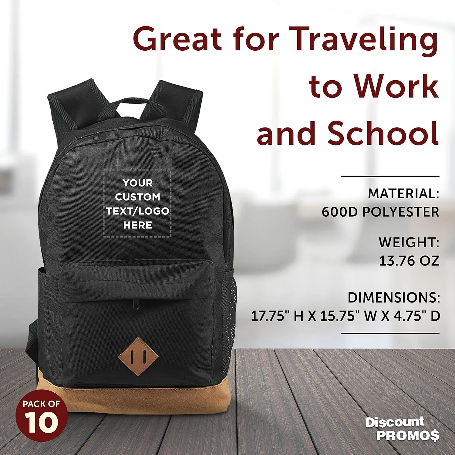 DISCOUNT PROMOS Custom Multipurpose Laptop Backpacks Set of 10, Personalized Bulk Pack - Lots of Features for Everyday Use, Perfect for Employess, Businessman - Black