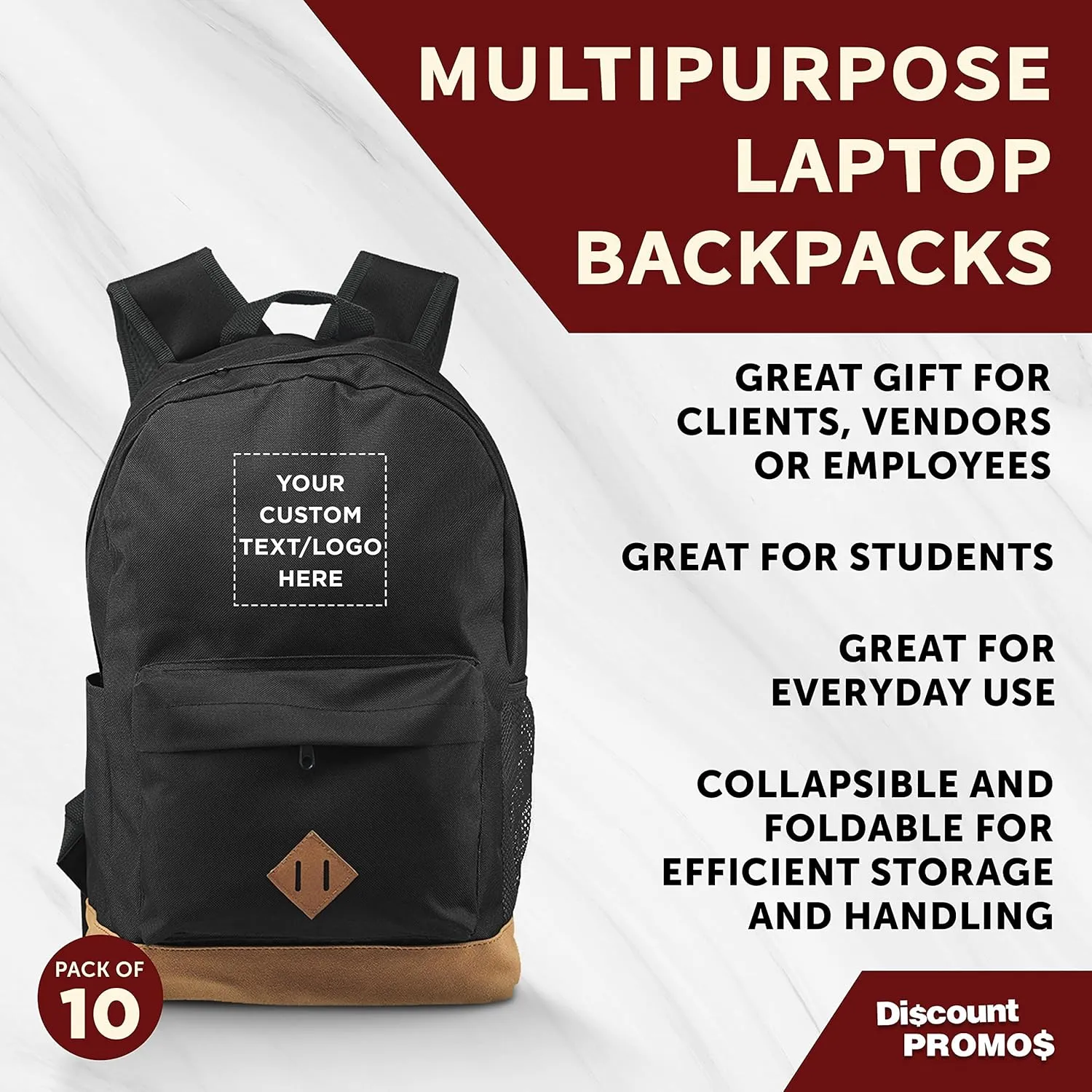 DISCOUNT PROMOS Custom Multipurpose Laptop Backpacks Set of 10, Personalized Bulk Pack - Lots of Features for Everyday Use, Perfect for Employess, Businessman - Black