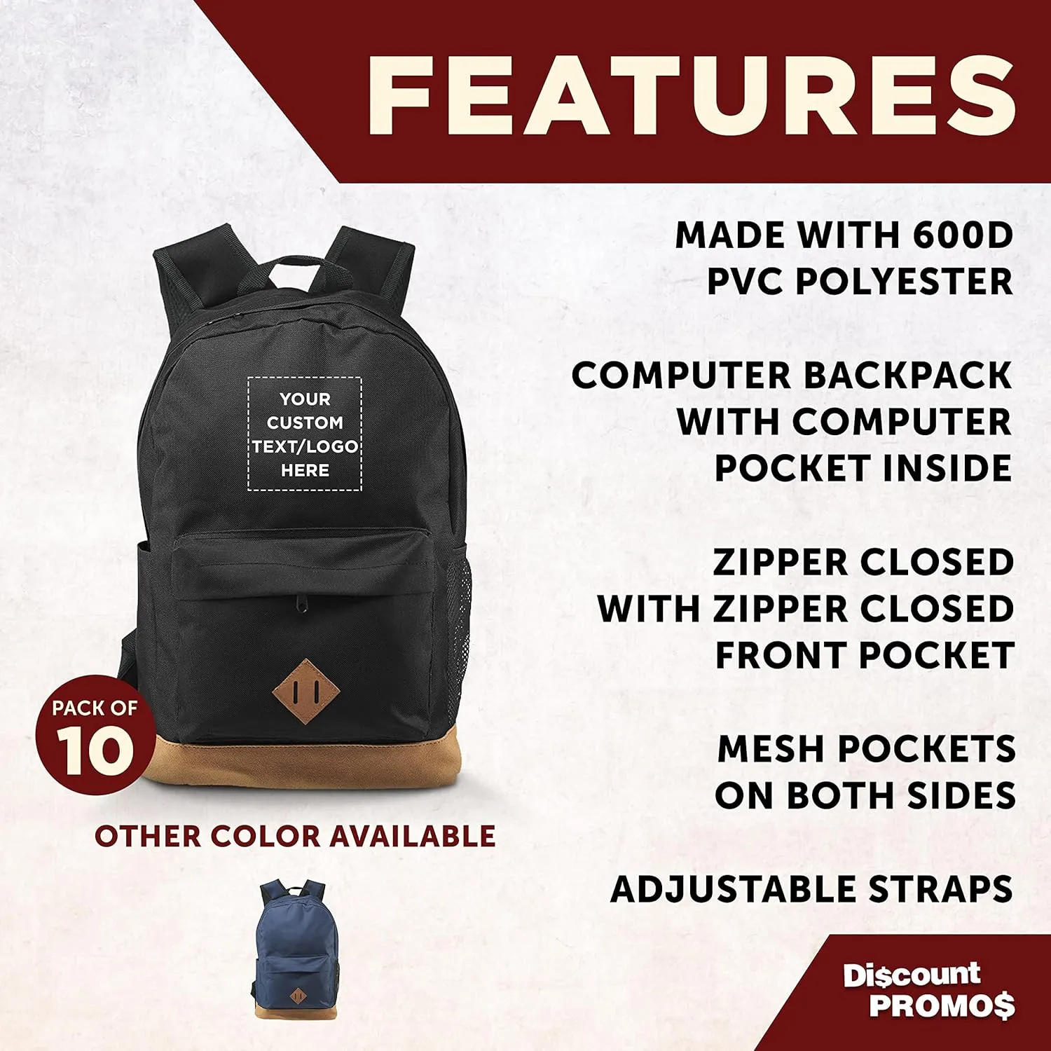 DISCOUNT PROMOS Custom Multipurpose Laptop Backpacks Set of 10, Personalized Bulk Pack - Lots of Features for Everyday Use, Perfect for Employess, Businessman - Black