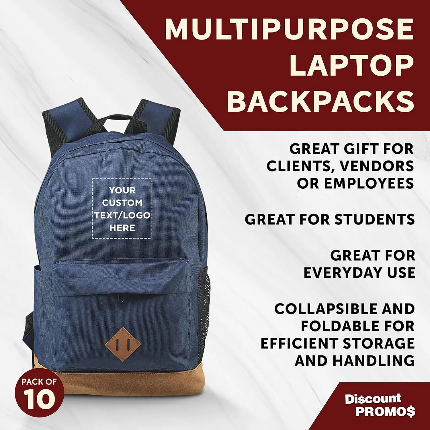 DISCOUNT PROMOS Custom Multipurpose Laptop Backpacks Set of 10, Personalized Bulk Pack - Lots of Features for Everyday Use, Perfect for Employess, Businessman - Blue