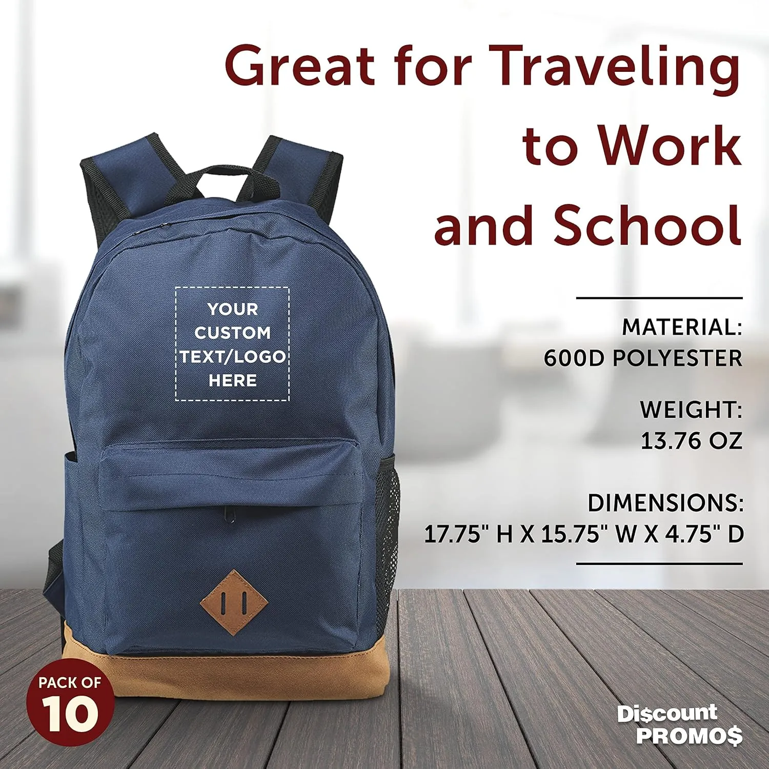 DISCOUNT PROMOS Custom Multipurpose Laptop Backpacks Set of 10, Personalized Bulk Pack - Lots of Features for Everyday Use, Perfect for Employess, Businessman - Blue