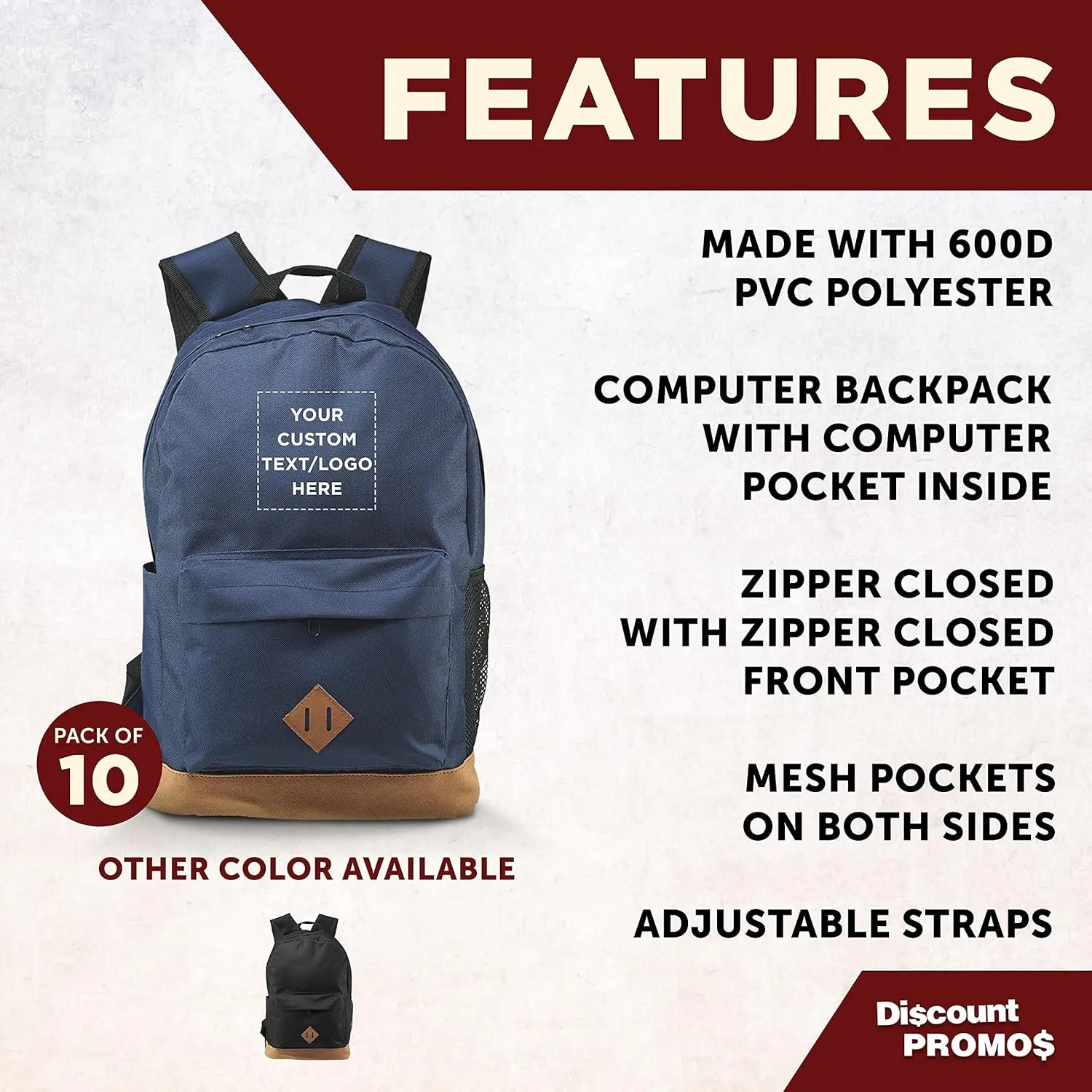DISCOUNT PROMOS Custom Multipurpose Laptop Backpacks Set of 10, Personalized Bulk Pack - Lots of Features for Everyday Use, Perfect for Employess, Businessman - Blue