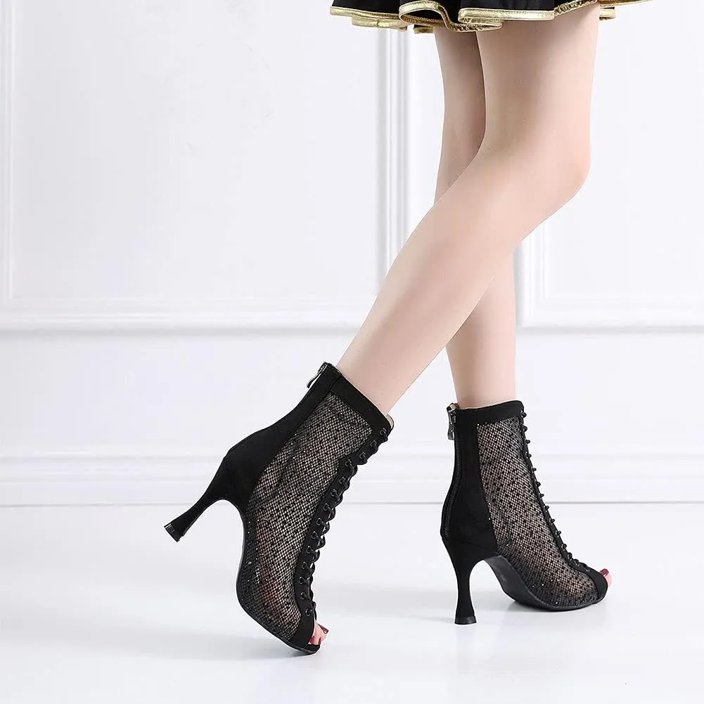 DKZSYIM Women's Latin Dance Boots Women Latin Salsa Ballroom Open Toe Lace-up Ankle Dance Shoes,Model QJW7180
