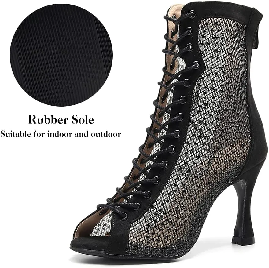 DKZSYIM Women's Latin Dance Boots Women Latin Salsa Ballroom Open Toe Lace-up Ankle Dance Shoes,Model QJW7180