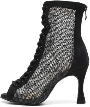 DKZSYIM Women's Latin Dance Boots Women Latin Salsa Ballroom Open Toe Lace-up Ankle Dance Shoes,Model QJW7180