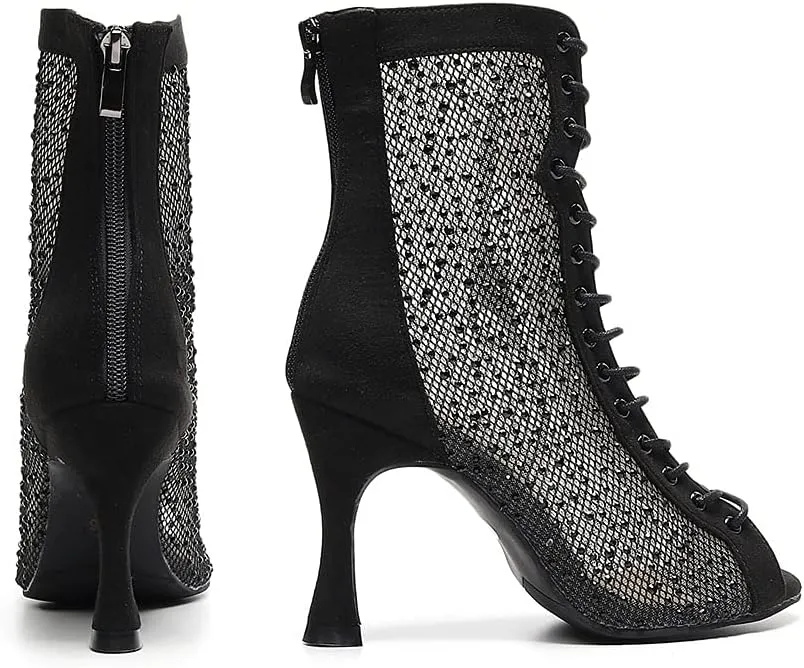 DKZSYIM Women's Latin Dance Boots Women Latin Salsa Ballroom Open Toe Lace-up Ankle Dance Shoes,Model QJW7180