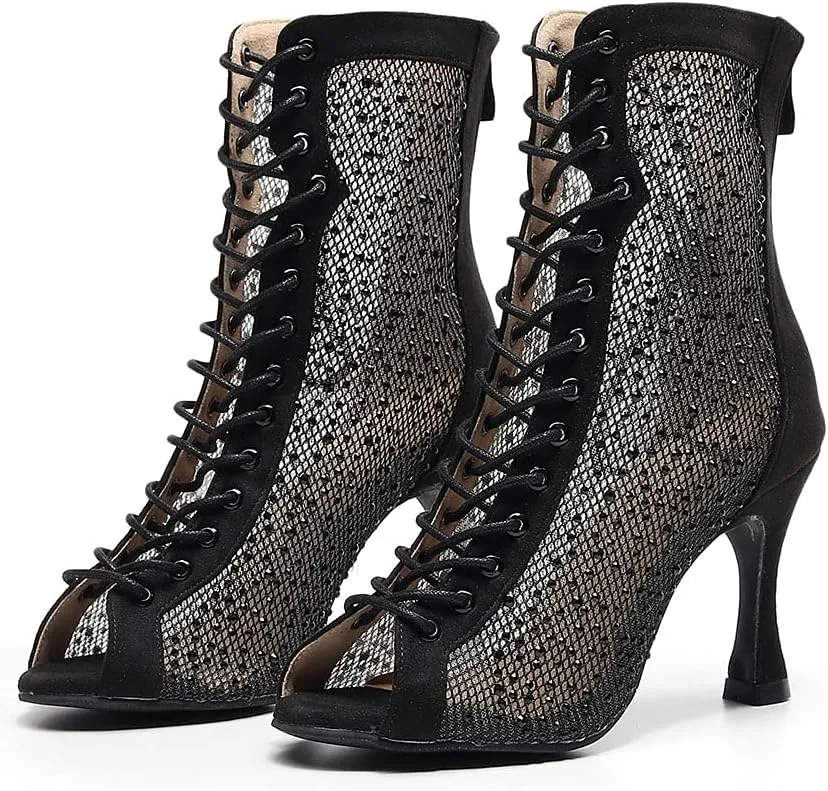 DKZSYIM Women's Latin Dance Boots Women Latin Salsa Ballroom Open Toe Lace-up Ankle Dance Shoes,Model QJW7180