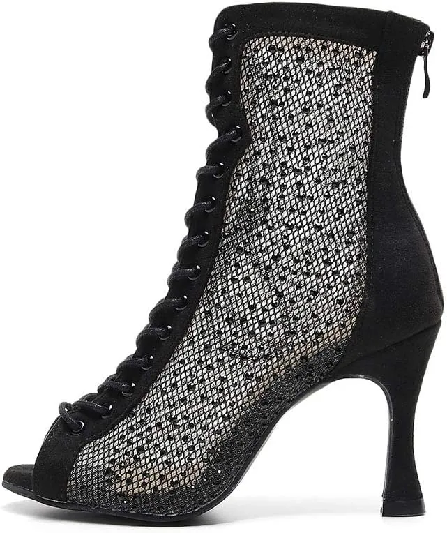 DKZSYIM Women's Latin Dance Boots Women Latin Salsa Ballroom Open Toe Lace-up Ankle Dance Shoes,Model QJW7180