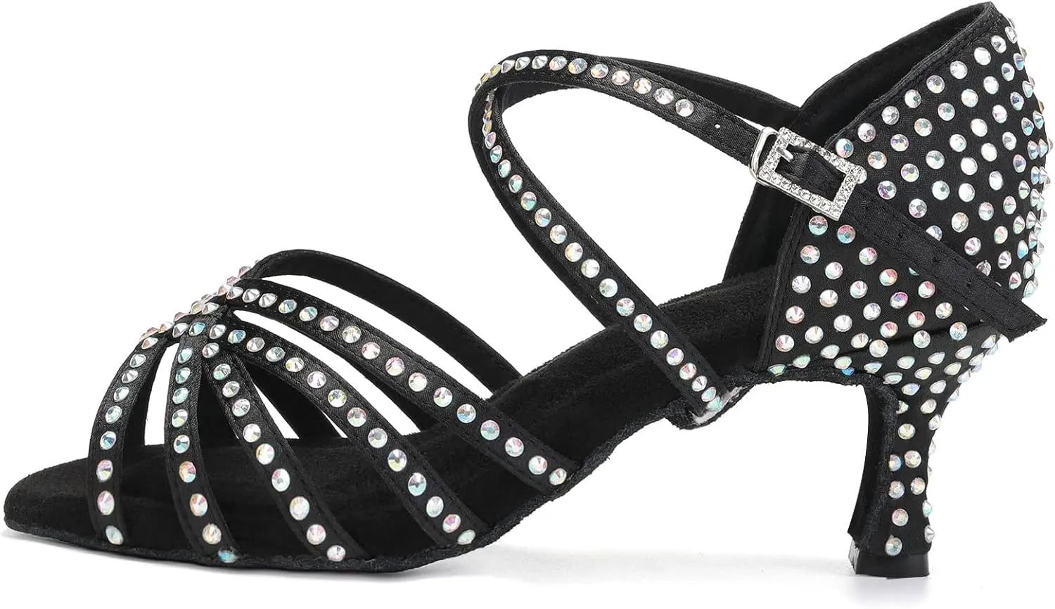 DKZSYIM Women's Satin Latin Dance Shoes Rhinestone Ballroom Salsa Performance Practice Dancing Shoes,AFCT40403-Black-6.5,US 9.5