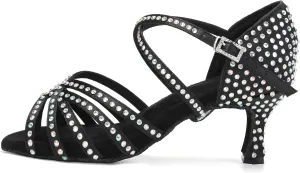 DKZSYIM Women's Satin Latin Dance Shoes Rhinestone Ballroom Salsa Performance Practice Dancing Shoes,AFCT40403-Black-6.5,US 9.5