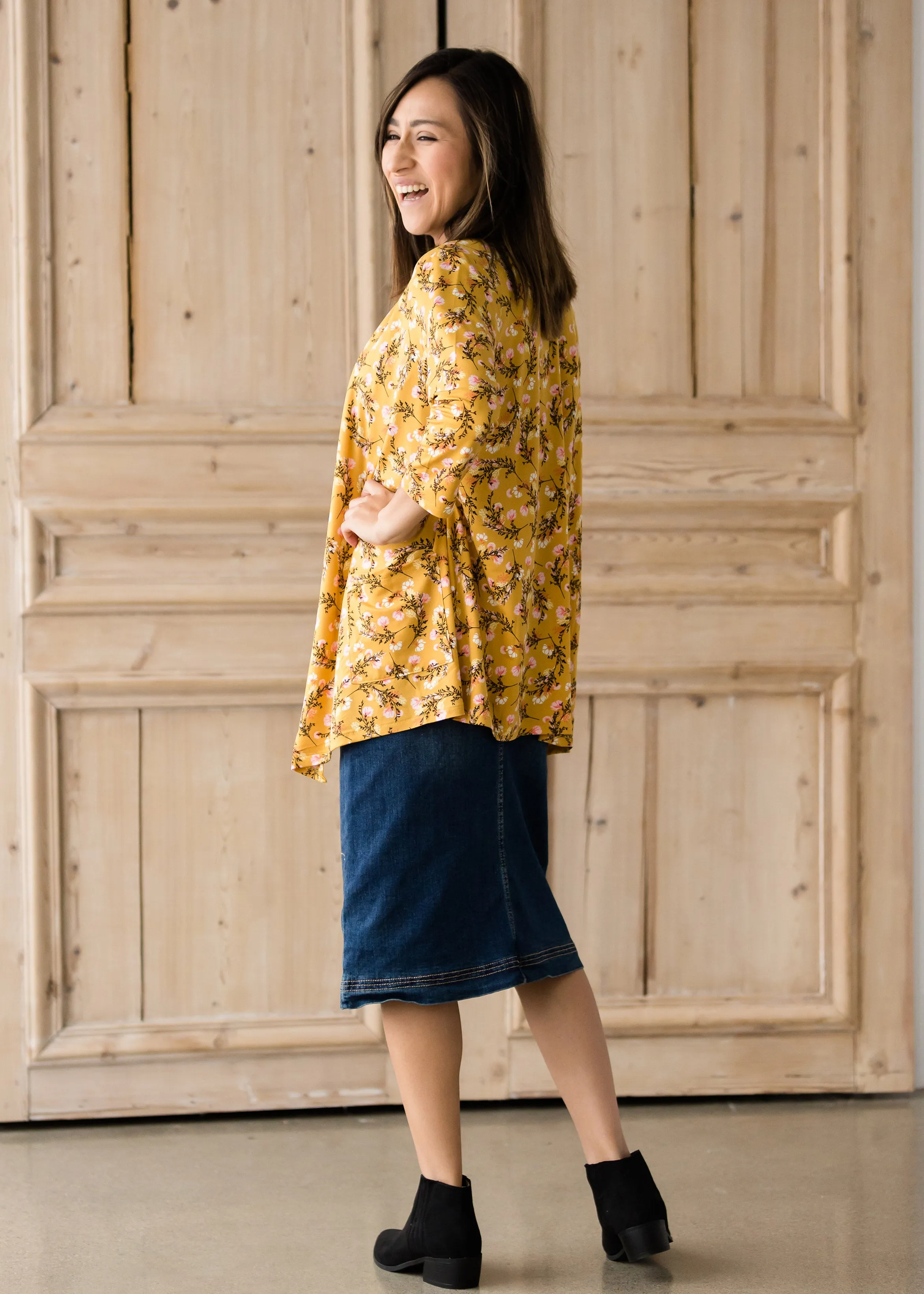 Draped Open Front Floral 3/4 Sleeve Cardigan - FINAL SALE