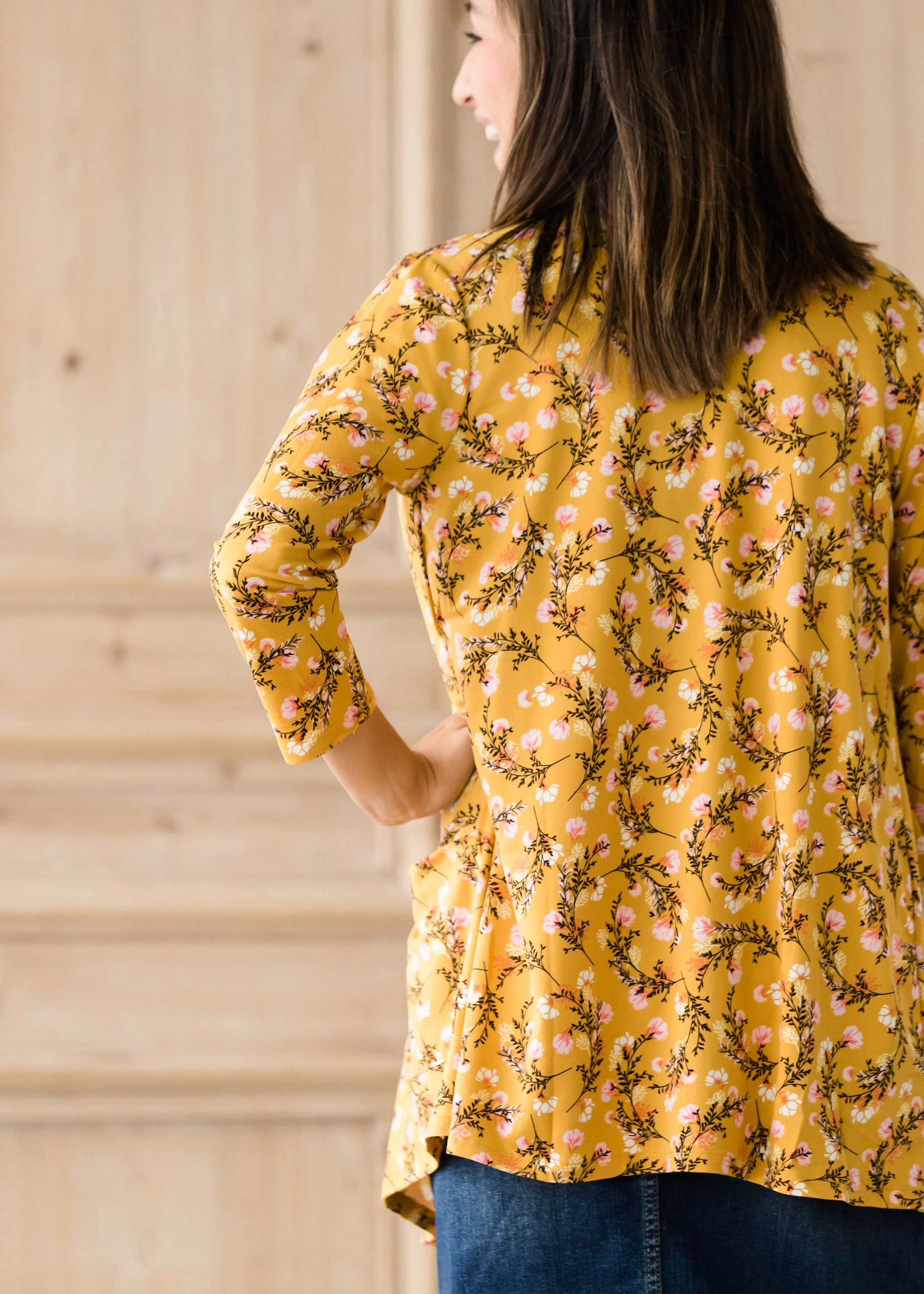 Draped Open Front Floral 3/4 Sleeve Cardigan - FINAL SALE